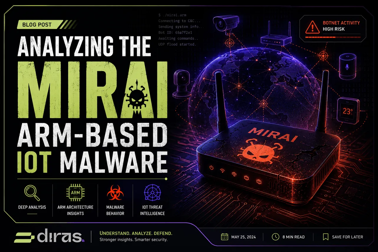 Illustration of a router infected with Mirai, connected to IoT devices such as cameras and smart speakers across a world map