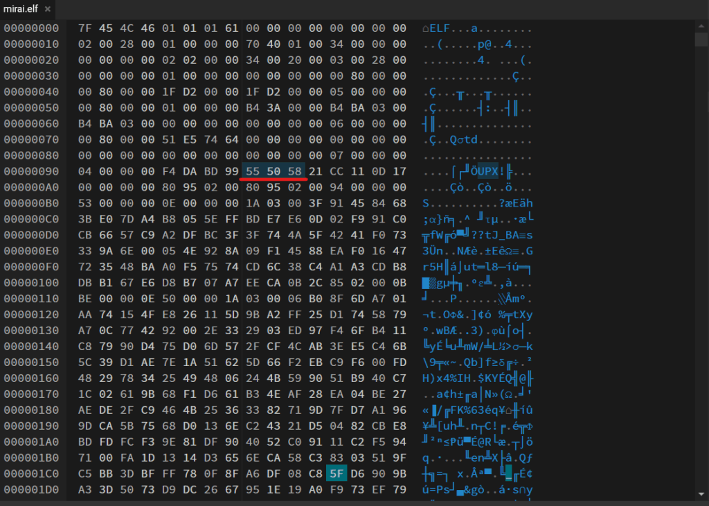 Hex view of mirai.elf: an ARM ELF header, with the UPX! signature (55 50 58 21) at offset 0x94 underlined.