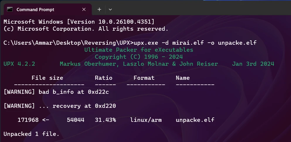 UPX 4.2.2 unpacking mirai.elf to unpacke.elf: 54,044 bytes expand to 171,968 bytes (31.43%), format linux/arm.